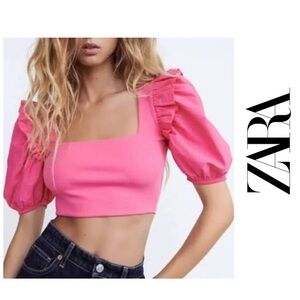 Zara Pink Ballon Sleeve Ribber Crop Top Size Medium